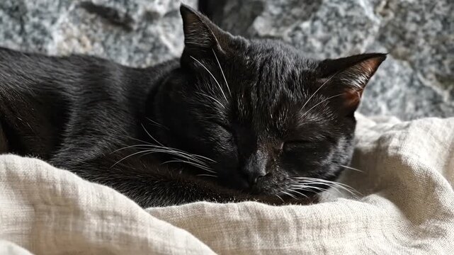 Black cat resting on a blanket.
