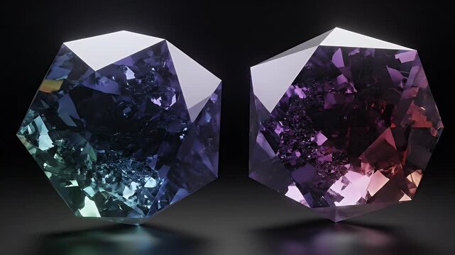 Two faceted alexandrite gemstones showcasing their color-changing properties from blue-green to purple-red on a dark background.