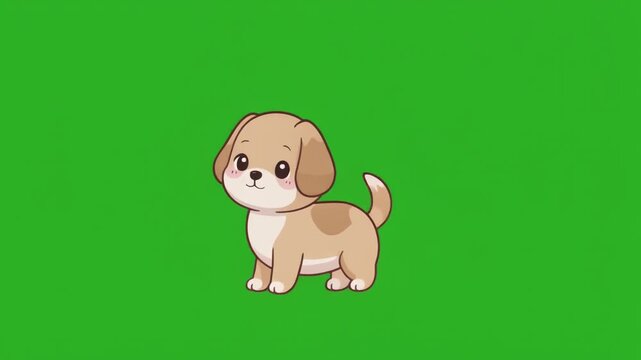 A cute cartoon vector illustration of a funny brown puppy dressed as an Easter bunny smiling while holding colorful eggs on a vibrant green background