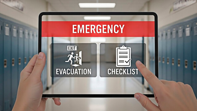 Emergency evacuation checklist concept in modern technology for workplace and school safety.