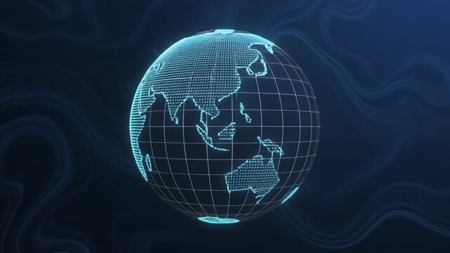 A digital illustration of a glowing blue globe with a grid pattern, centered on Africa and Europe, against a dark blue background with wavy lines