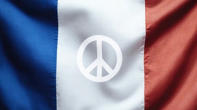 A flag with blue, white, and red vertical stripes and a white peace sign in the center