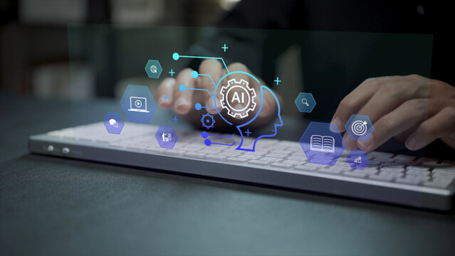 AI powered e-learning education concept. Person typing keyboard with AI assistant and learning icons, personalized online education, digital training programs and knowledge development.
