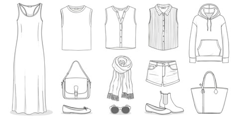 Naklejka premium Women’s clothing accessories illustration set, fashion apparel design, casual wardrobe motif artwork, stylish decorative symbol, retail catalog motif, flat vector drawing