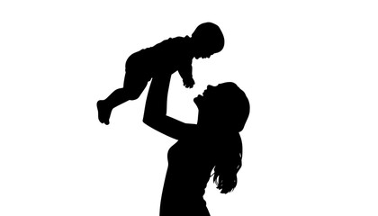 silhouette Mother lifting baby up in air happy parenting moment isolated on white background with black color