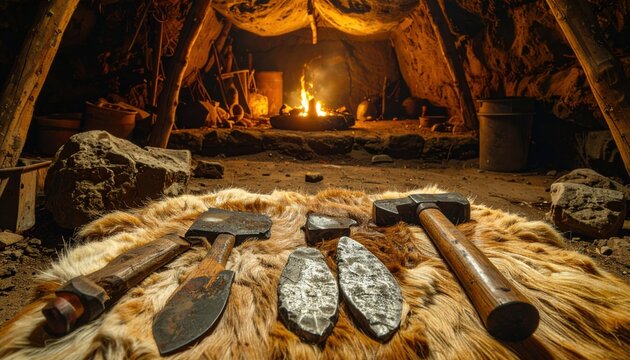 Prehistoric Stone Tools and Flint Blades Arranged on Animal Hide Near a Campfire in a Primitive Dwelling