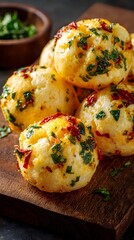 Fototapeta premium Golden Savory Bites with Fresh Herbs and Chili Flakes on Rustic Wood