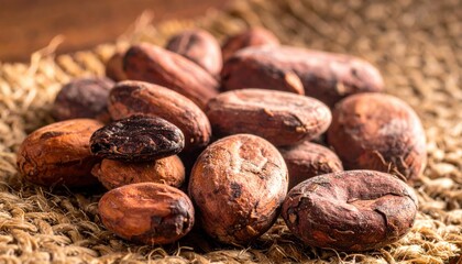 Obraz premium A plentiful collection of raw and unprocessed cocoa beans scattered on a rustic woven surface, showcasing their earthy textures and natural beauty in a detailed close-up shot.