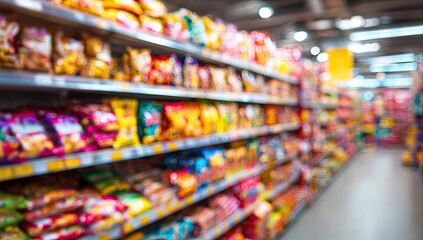Fototapeta premium Blurred Supermarket Aisle with Colorful Snack Bags on Shelves.