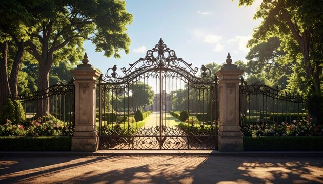 An elaborate wrought iron gate, featuring intricate scrolling motifs and elegant finials, provides a majestic entrance to a lush estate under bright sunlight.