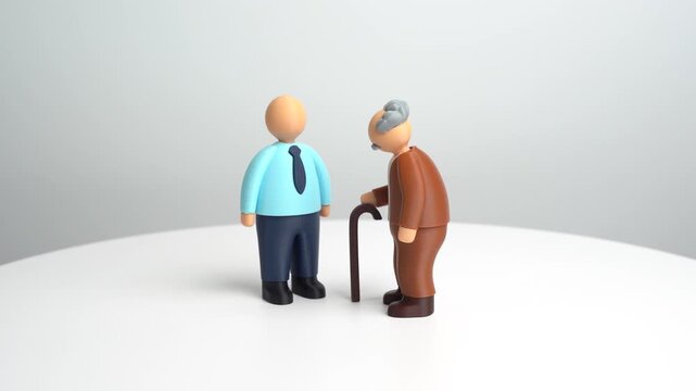 An elderly man with a cane and an office worker. A solidarity pension system and generational replacement. Workforce renewal and retirement funding balance