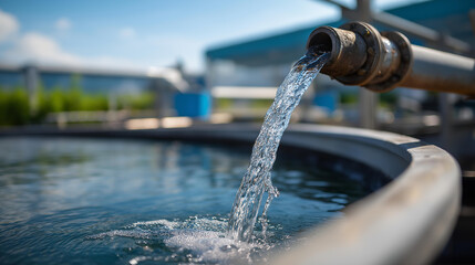 Obraz premium Industrial cooling system with water pouring from a large pipe into a circular collection pool at a factory facility under a clear blue sky, water management concept, defocused