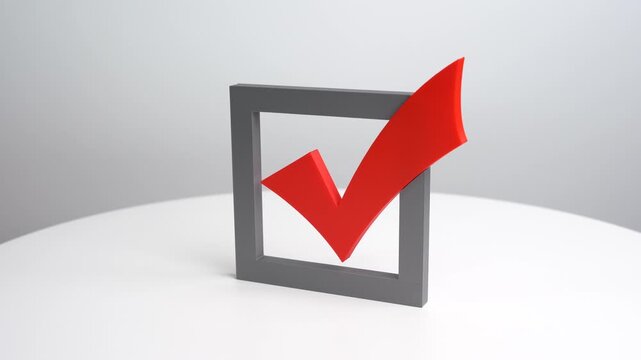 Red checkmark for elections. Symbol of voting in presidential or parliamentary elections. Democratic participation, referendums, public opinion and civic responsibility in political systems.