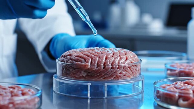 Scientist examines lab-grown meat sample with pipette in laboratory setting.