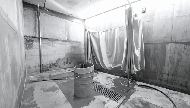 Makeshift decontamination shower with a white curtain, hose, and a large barrel placed over a drainage grate in a grim concrete room, ready for an urgent cleanup.