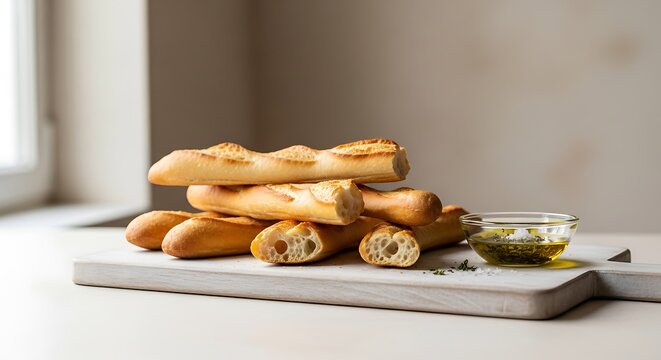 Baked breadsticks with oil on a wooden board