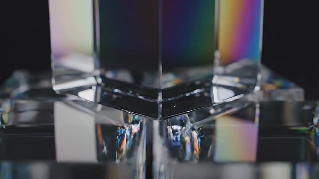 Close-up of a glass cube with light reflections on a black background.