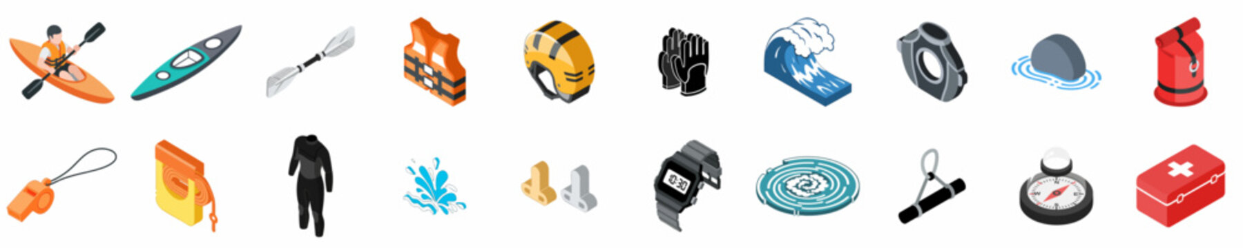 Comprehensive Collection of Kayaking and Water Sports Equipment Isometric Icons