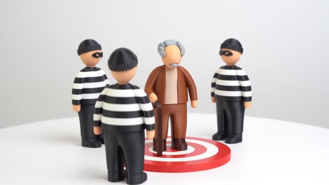 Grandfather in the center of the target surrounded by masked criminals. Target audience for scammers and robbers. Awareness of fraud risks helps protect vulnerable seniors and savings.