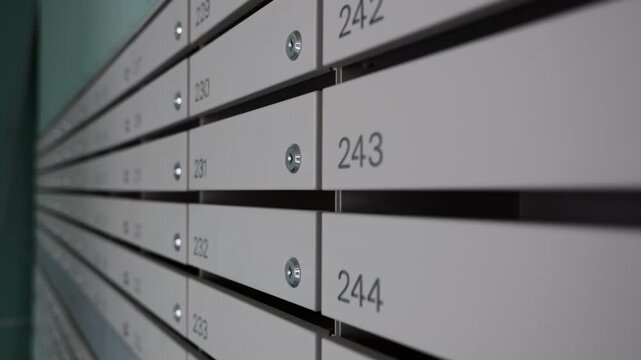 Row of Numbered Mailboxes in Apartment Building