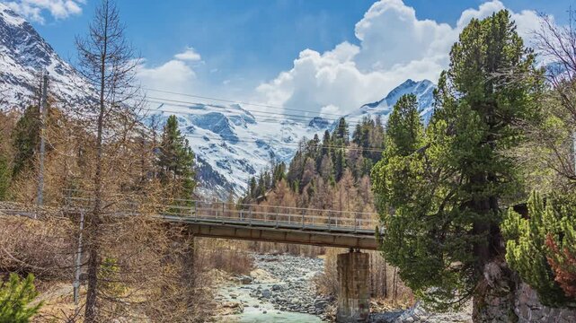 Time lapse, scenic view of the snowy mountains landscape. Morteratsch Glacier, canton Graubuenden, Switzerland.