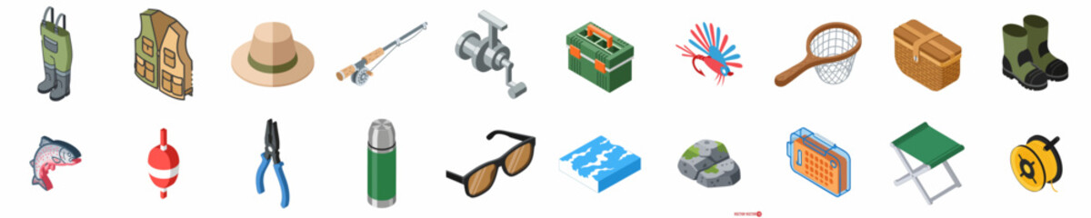 Comprehensive isometric vector set of fishing equipment, gear, and accessories, including a rod, reel, tackle box, vest, boots, net, and trout. © Asep