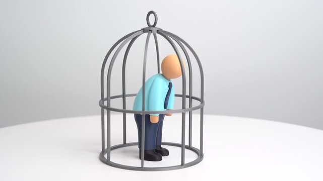 Office worker in a cage. Contractual obligations. NDA agreement. Restrictions and self-isolation from opportunities for growth and development. Limited freedom, and workplace pressure. Employment law