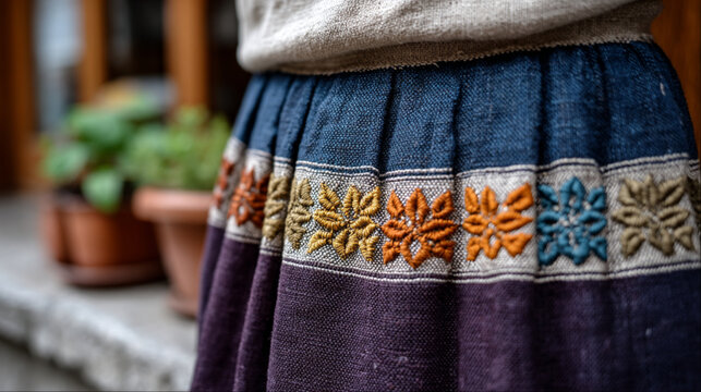 Macro of traditional Bolivian cholita wrestler pollera skirt embroidery with intricate silk thread pattern