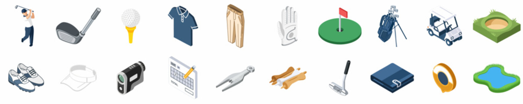 Comprehensive isometric icon set representing various golf equipment, apparel, and golf course elements for sports and leisure design.