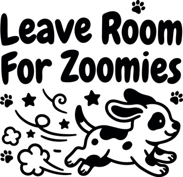 Cute running dog with spots and paw prints leaving room for zoomies in playful black and white vector art