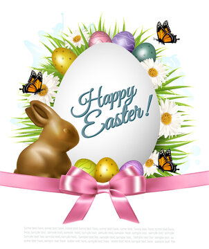 Holiday gift card with easter eggs and daisies and bunny. Vector.