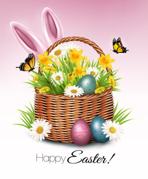 Easter party poster featuring Easter eggs, spring flowers in a basket, grass, and a bunny. Vector