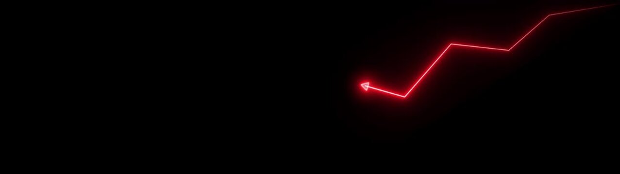 Minimalist glowing red neon zigzag line with upward business arrow concept. Animation of representing down trend motion graphic icon performance. Neon down graph animation.