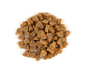 Obraz premium Mini pet food shaped like hearts isolated, small dogs crunchy treats pile, flavored brown dry kibble