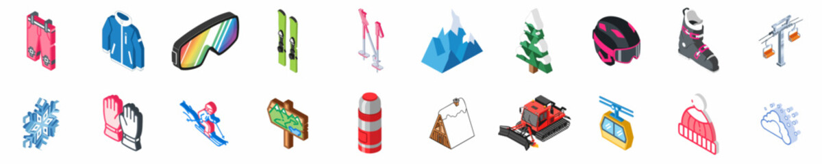 Set of Isometric Icons Representing Winter Sports Equipment, Clothing, and Mountain Resort Facilities for Skiing and Snowboarding Activities. © Asep