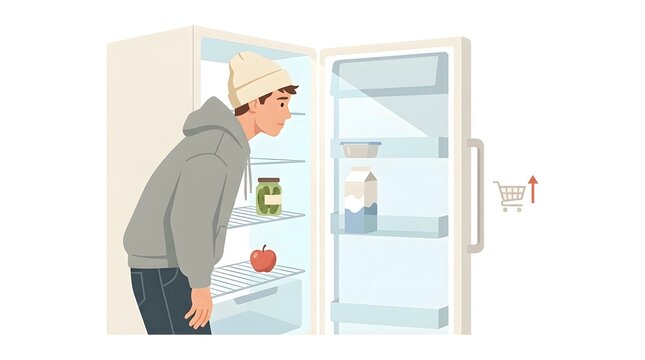 Fridge Scrutiny: A young adult, hoodie-clad, assesses the scant contents of his refrigerator, an apple, a jar of pickles, and milk. Reflecting themes of scarcity, routine, and choices.