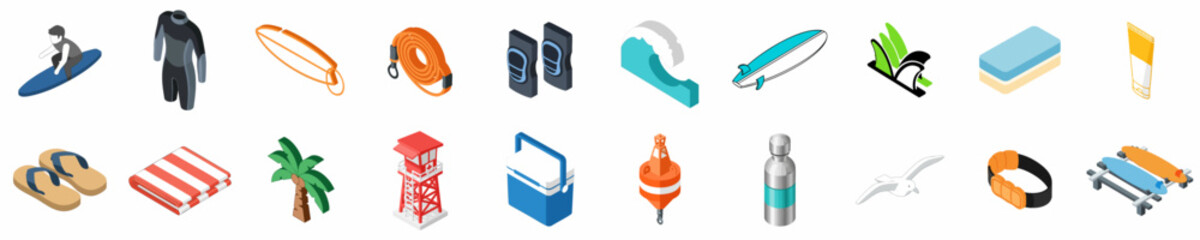 Isometric Surfing and Beach Gear Icon Set Featuring Surfboards, Wetsuit, Lifeguard Tower, Palm Tree, and Various Coastal Sports Equipment for Summer Vacation Design. © Asep