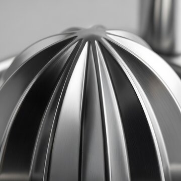 Brushed metal citrus reamer close-up showcasing its radial form and texture