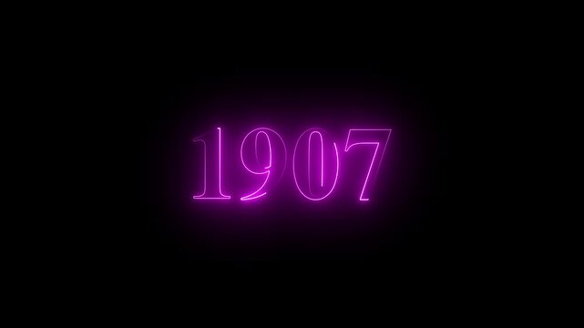 1907 neon text. Abstract 1907 neon text animation, Glowing neon number text background 4k video animation.