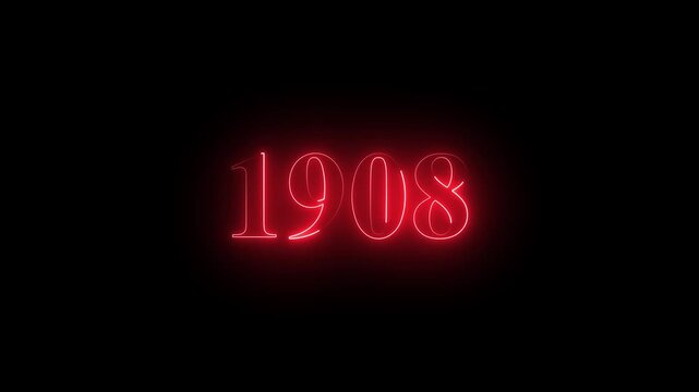 1908 neon text. Abstract 1908 neon text animation, Glowing neon number text background 4k video animation.