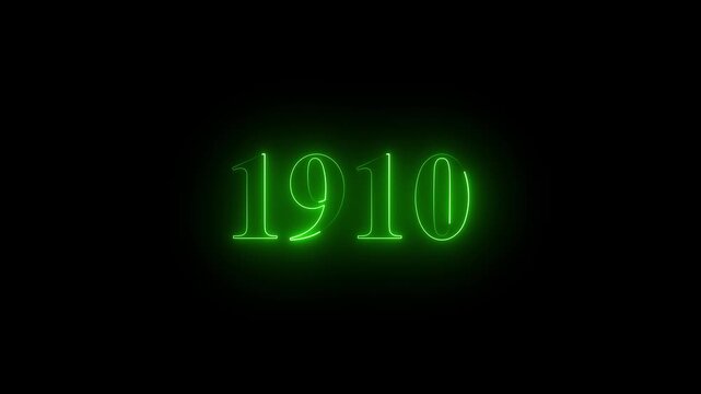 1910 neon text. Abstract 1910 neon text animation, Glowing neon number text on black background.  4k animation video.
