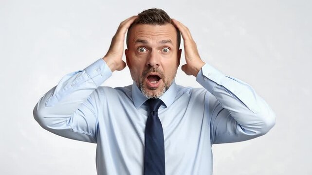 Businessman holding head in shock reacting to unexpected problem