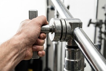 Hand firmly tightening metal locking t-handle on silver grip head of heavy duty studio c-stand