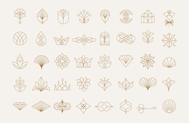 Luxury golden minimalistic icons and line art elements set. Elegant boutique abstract linear logo collection.