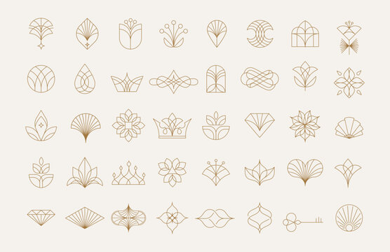 Luxury golden minimalistic icons and line art elements set. Elegant boutique abstract linear logo collection.