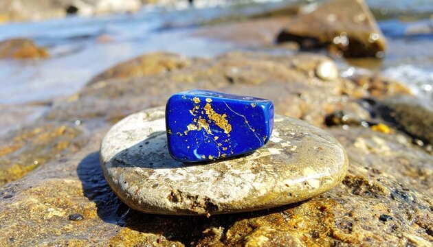A captivating deep blue lapis lazuli fragment, sparkling with natural gold pyrite flecks, elegantly placed on a smooth, wet, light-colored river rock under bright sunlight.