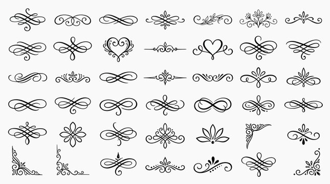 Assortment of forty-five black vintage filigree ornaments including hearts and corner brackets displayed against white.