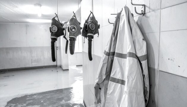 A stark display of vintage gas masks and protective suits hanging on hooks within a sterile, abandoned emergency facility, hinting at past threats.