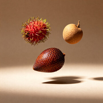 Tropical fruit harvest with durian, mangoes, and bananas on a rustic wooden table. Warm golden lighting and autumn tones.