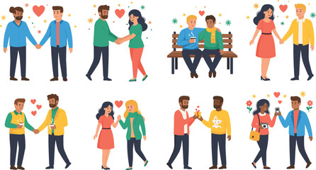 Fototapeta premium Happy Couples and Social Relationships Vector Set with People Dating, Walking Together, Holding Hands, Romantic Moments, and Modern Relationship Lifestyle Illustrations